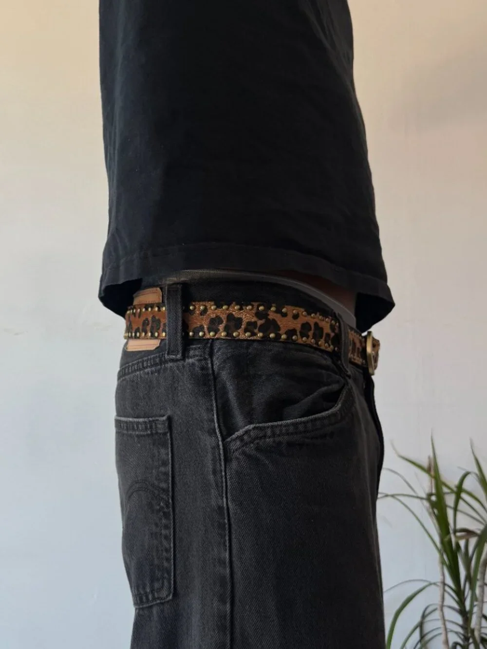 Brown Leopard Studded Brass Buckle Belt